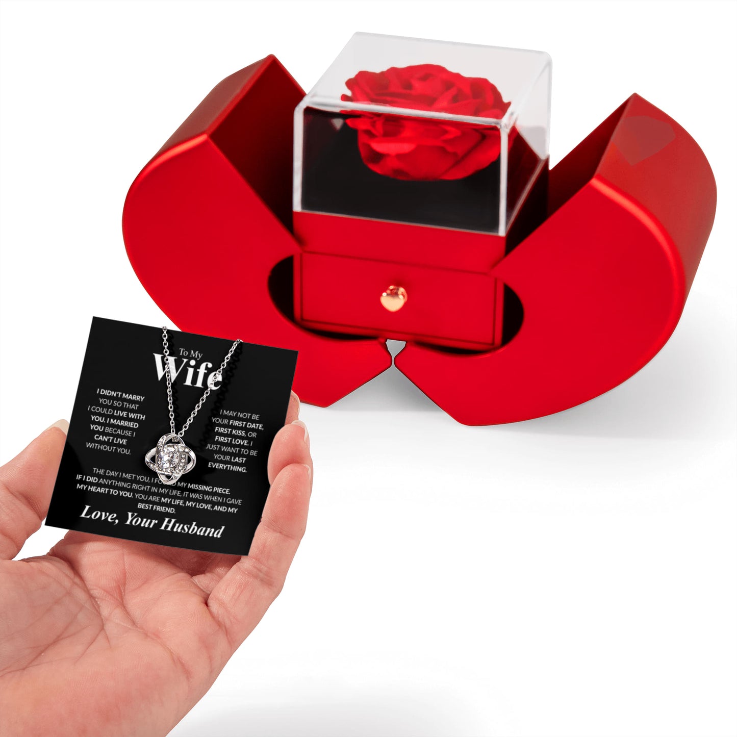 Love Knot Necklace with Red Heart Rose Box